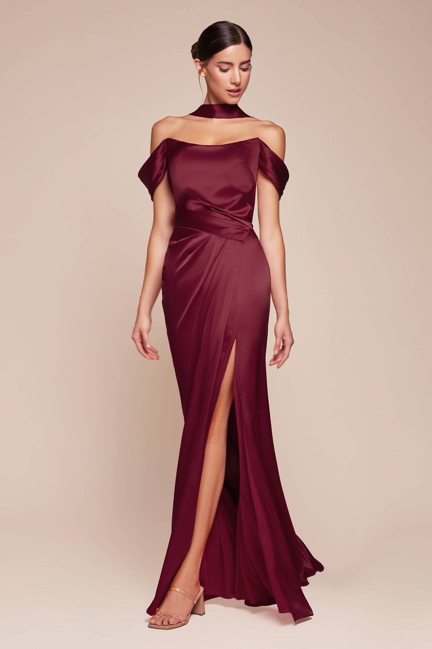 OFF THE SHOULDER LACE UP CORSET SATIN GOWN