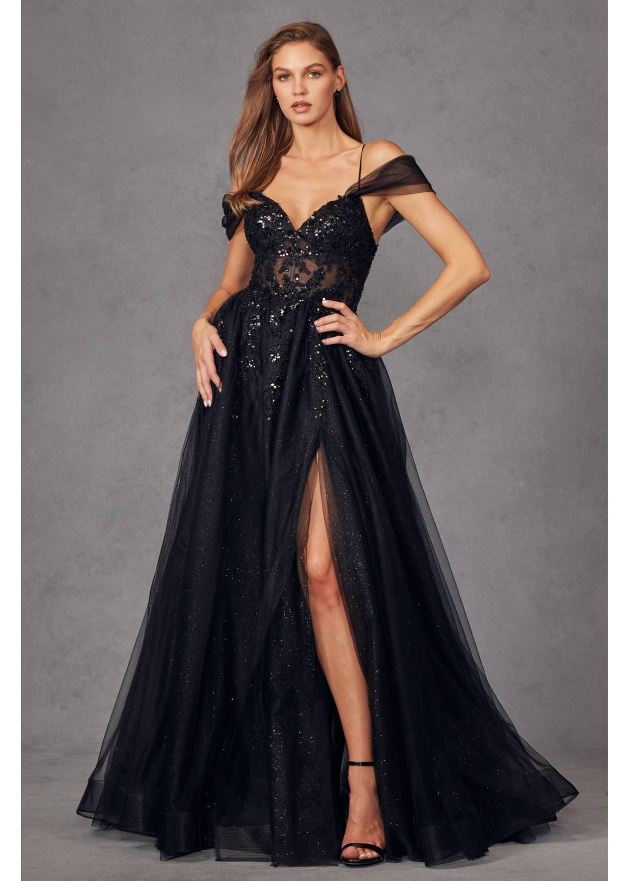 Black Sequin Corset Tulle Gown