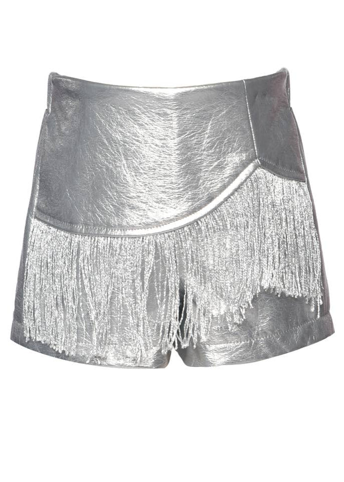 Little's Silver Faux Leather Fringe Shorts