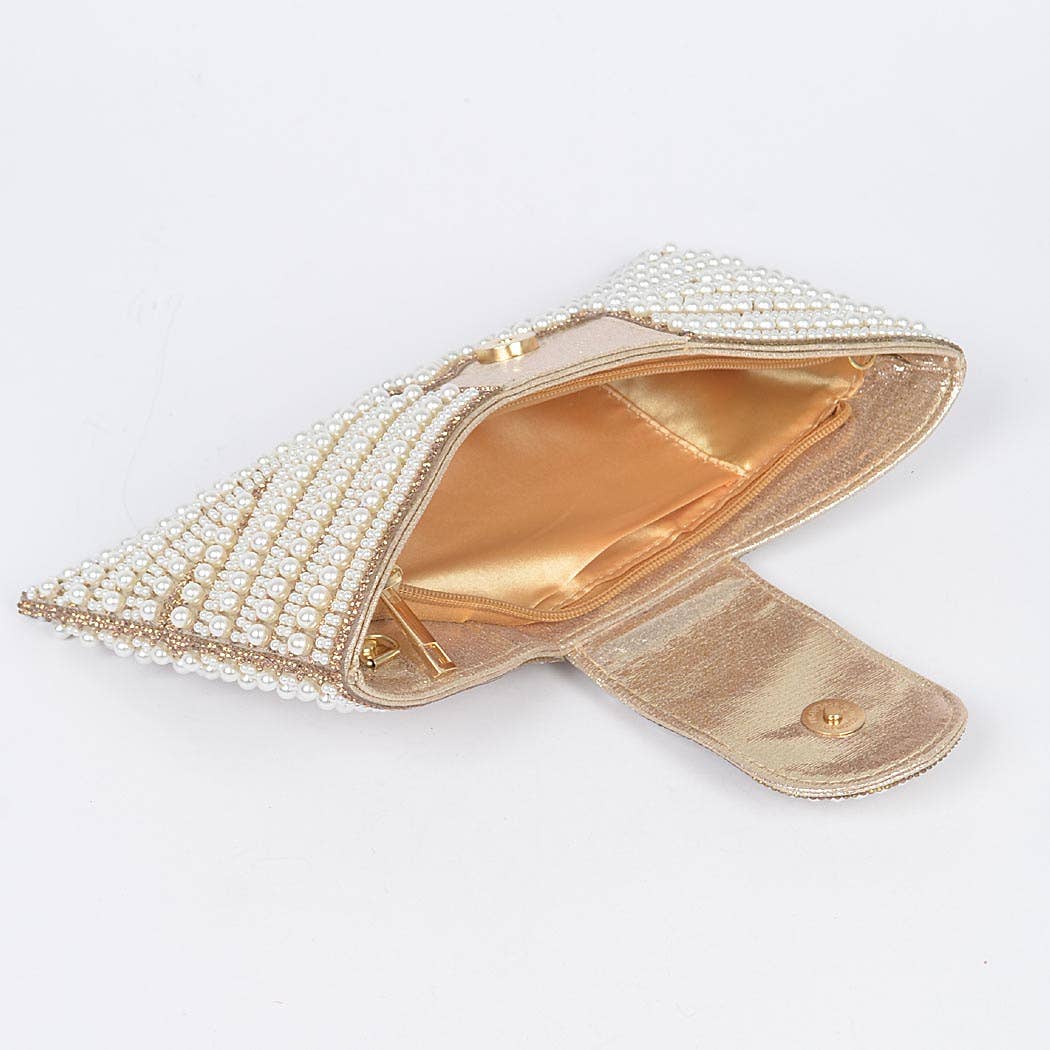 Gold Rhinestone and Pearl Bow Clutch
