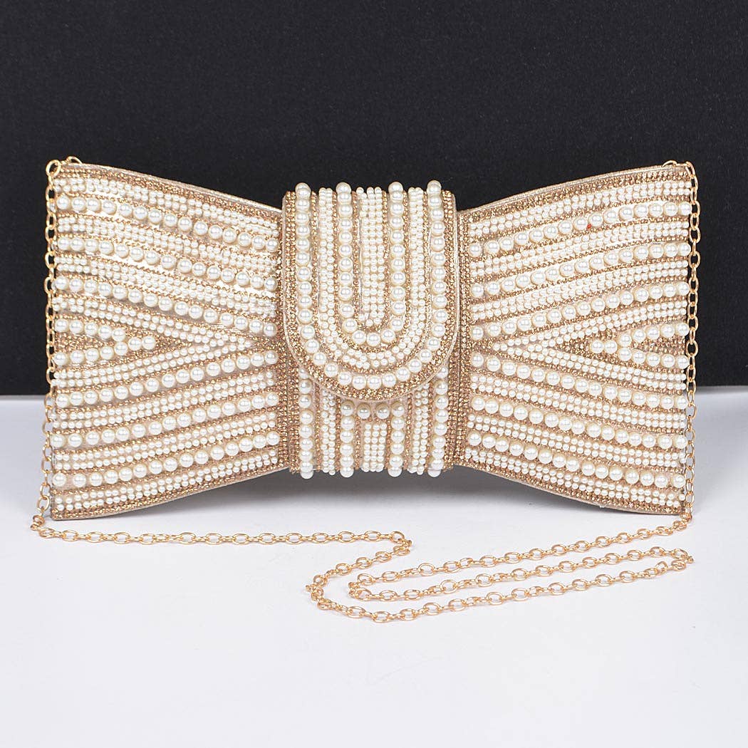Gold Rhinestone and Pearl Bow Clutch