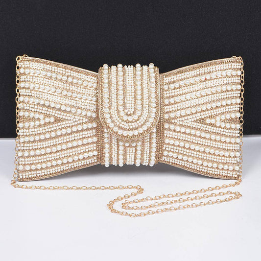 Silver Rhinestone and Pearl Bow Clutch