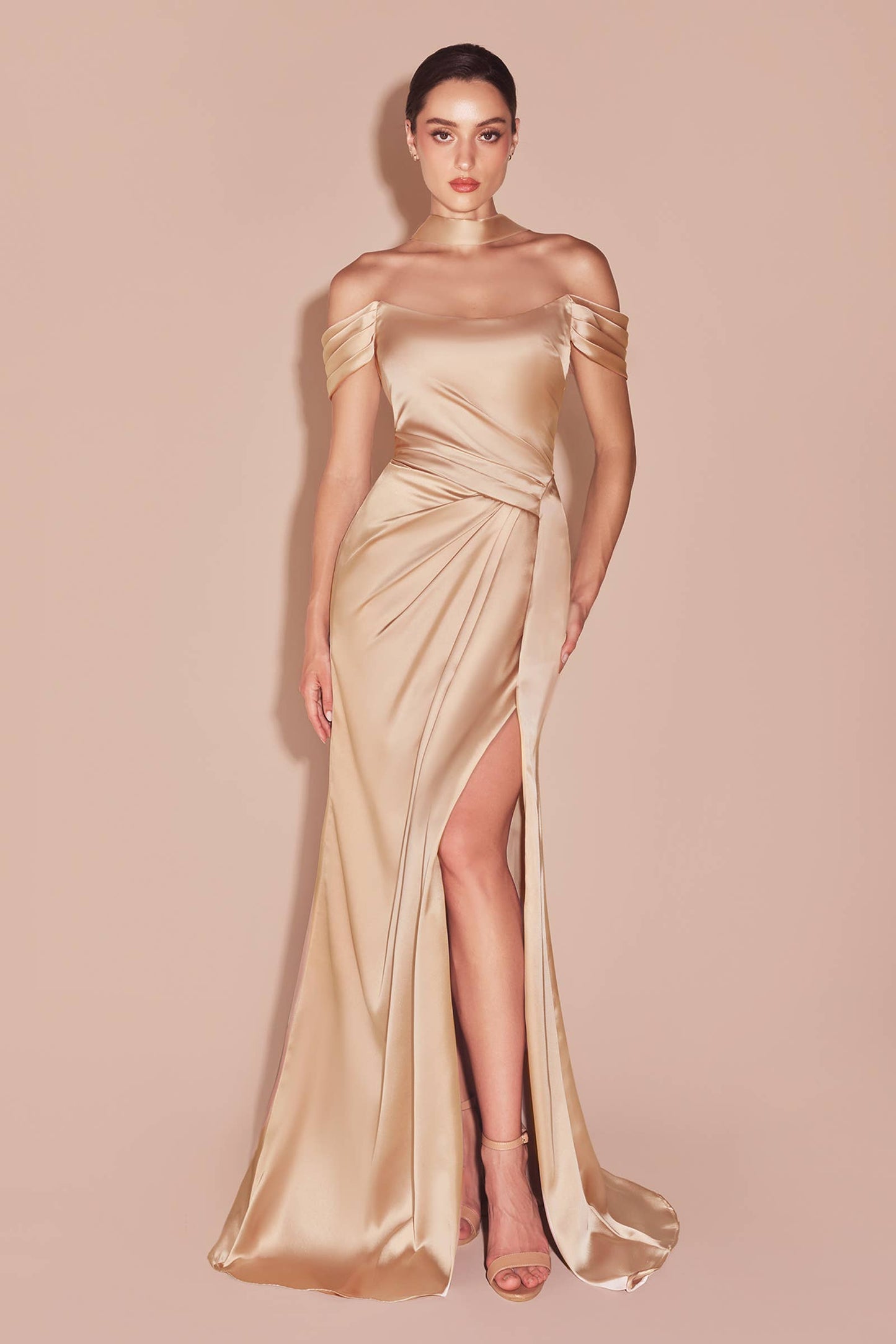 OFF THE SHOULDER LACE UP CORSET SATIN GOWN