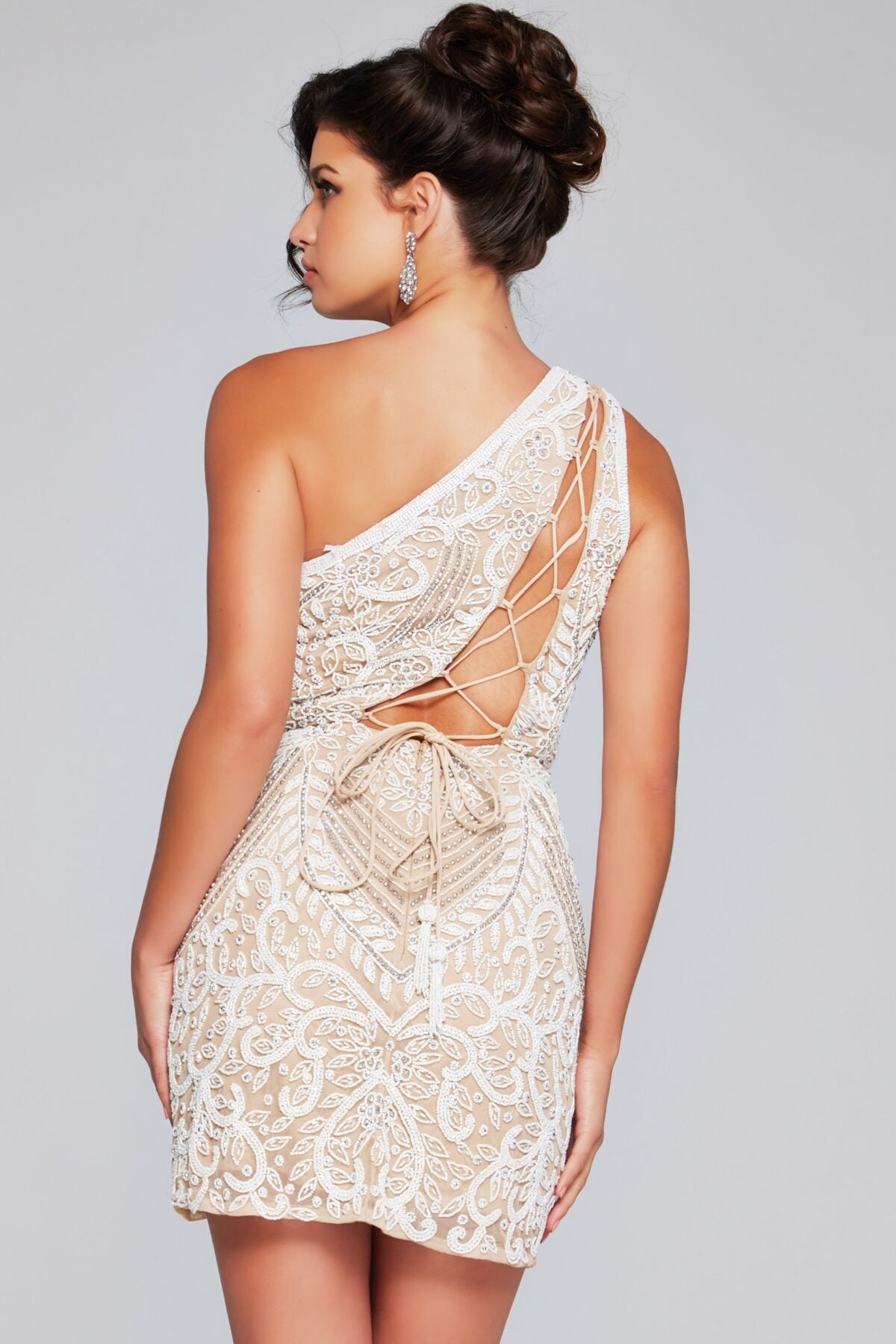 Jovani White & Nude Beaded One Shoulder Mini 39896
