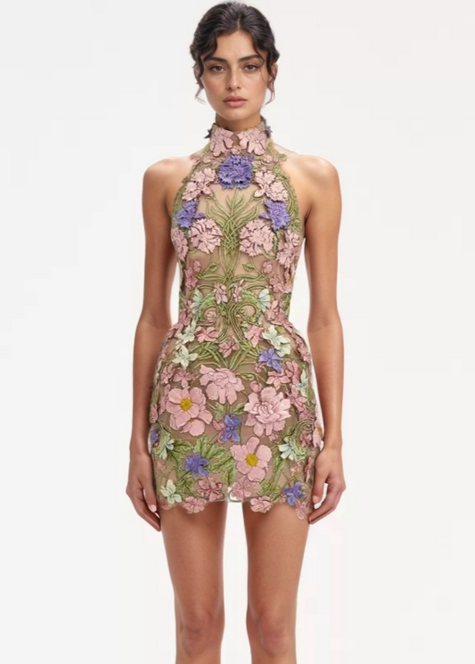 Fleur Embroidered Open Back Mini