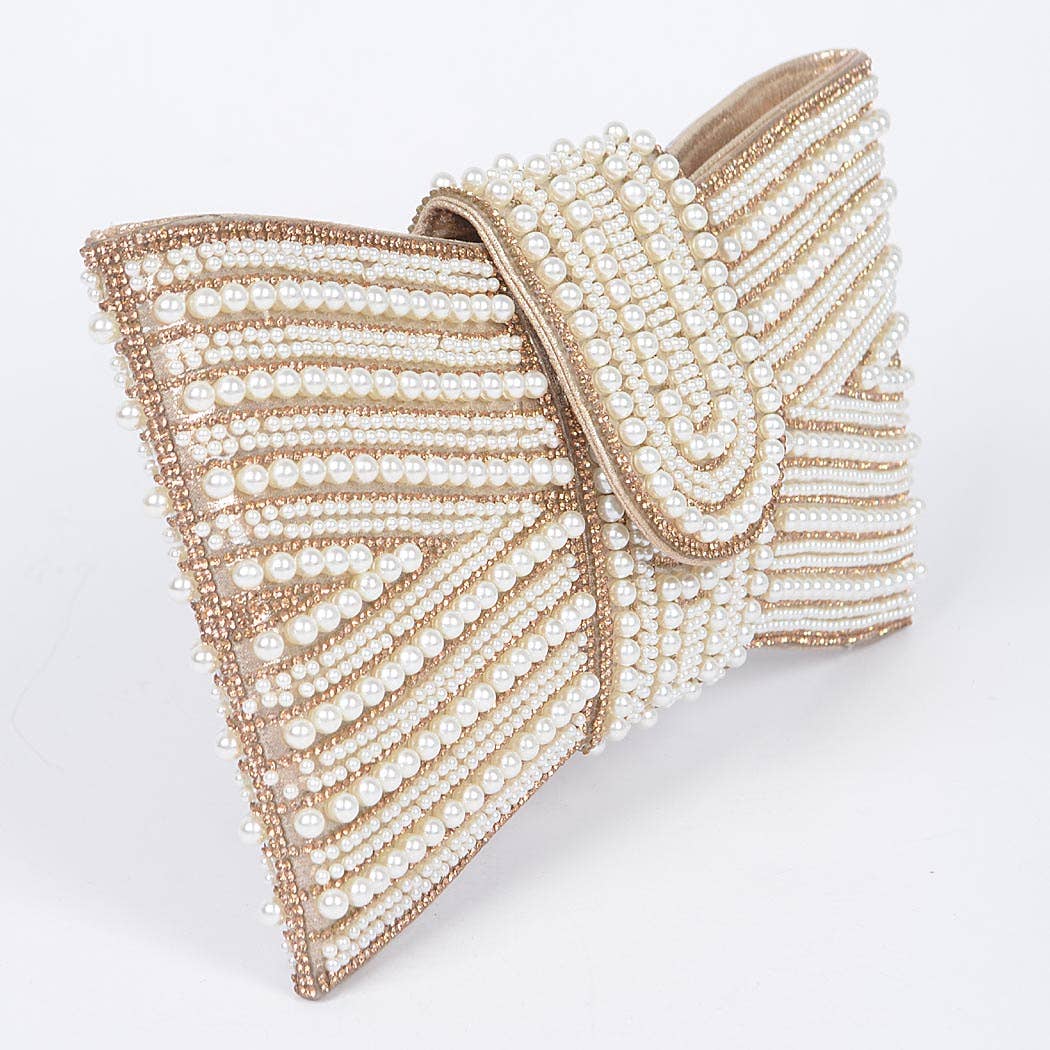 Gold Rhinestone and Pearl Bow Clutch