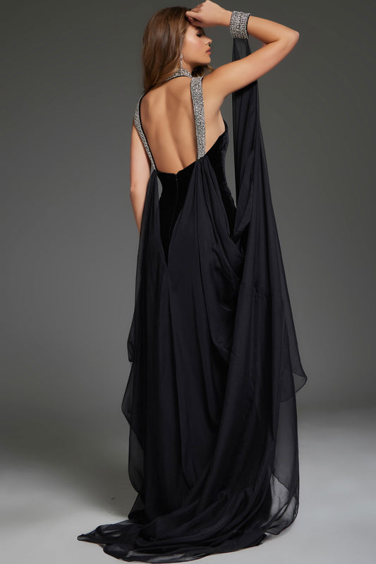 Jovani Velvet Halter Cape Gown 43696