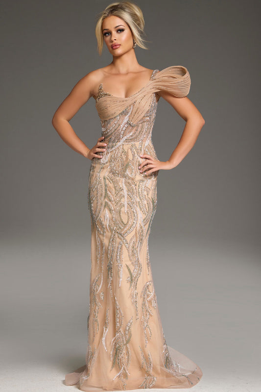 Jovani Dramatic Sculpted One Shoulder Beaded Gown 45073