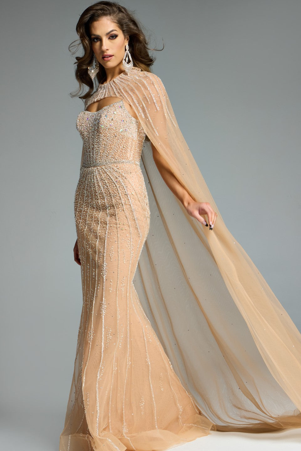 Jovani Cape Gown with Beaded Bodice 45077