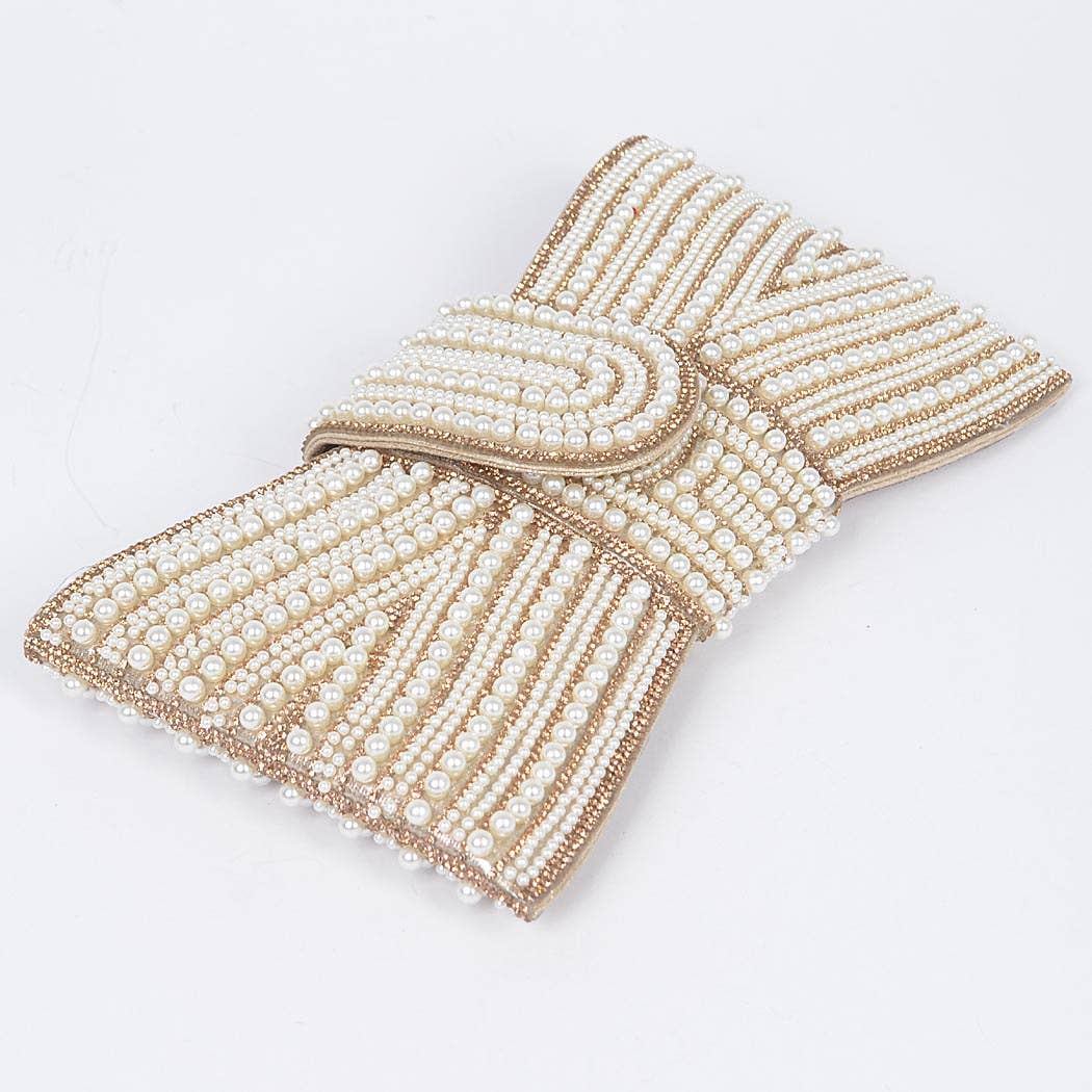 Gold Rhinestone and Pearl Bow Clutch