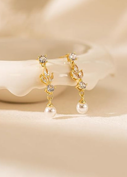 Gold Plated Dainty Pearl CZ Drop Earring