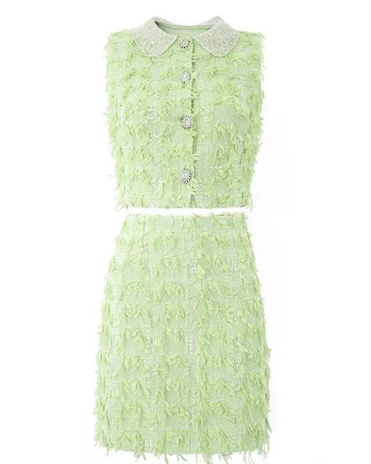 Mint Beaded Tweed Skirt Set