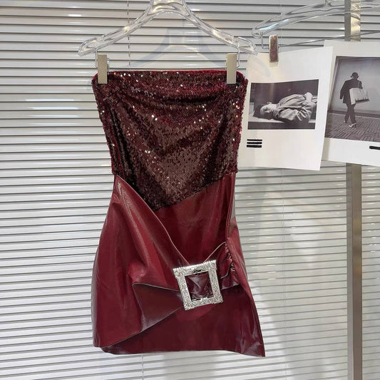 Sequin Strapless Faux Leather Mini Dress Style