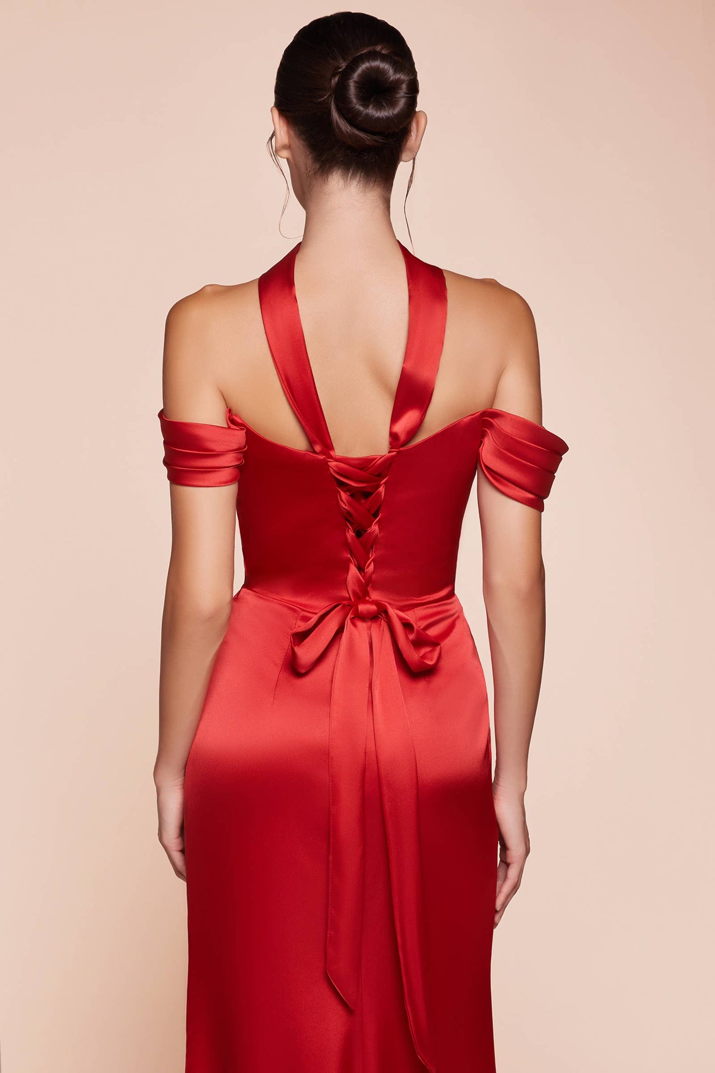 OFF THE SHOULDER LACE UP CORSET SATIN GOWN