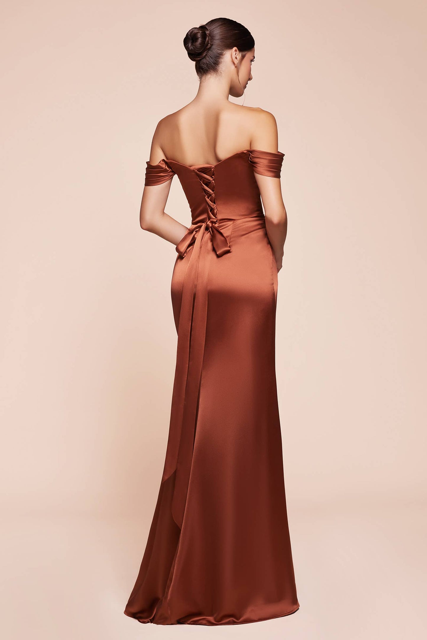 OFF THE SHOULDER LACE UP CORSET SATIN GOWN