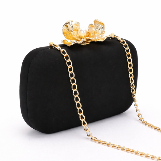 Satin Case Clutch with Metal Flower