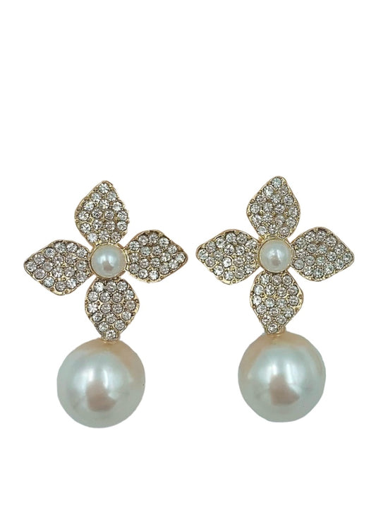 Pave Hydrangea Pearl Stud Earrings