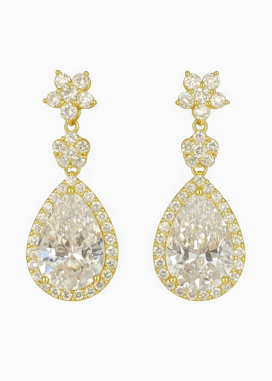 Flower Cluster and Halo Pear CZ Drop Earrings