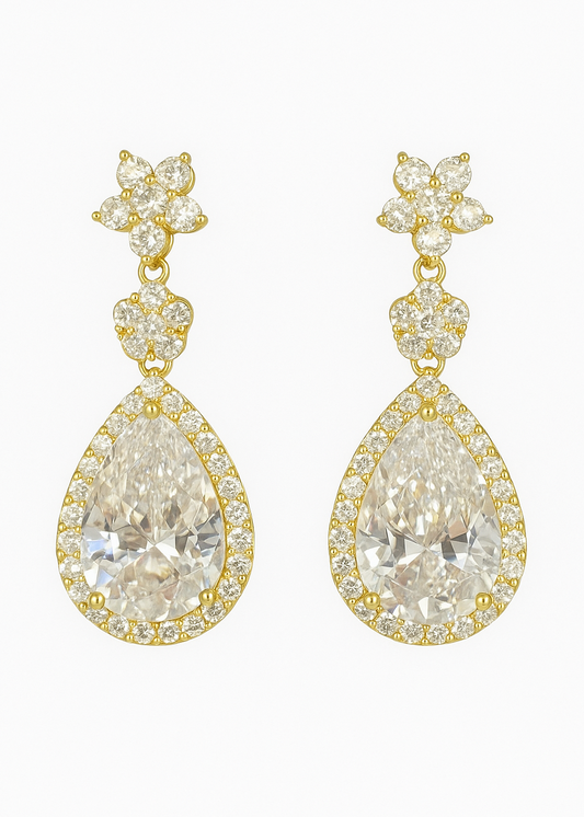 Flower Cluster and Halo Pear CZ Drop Earrings