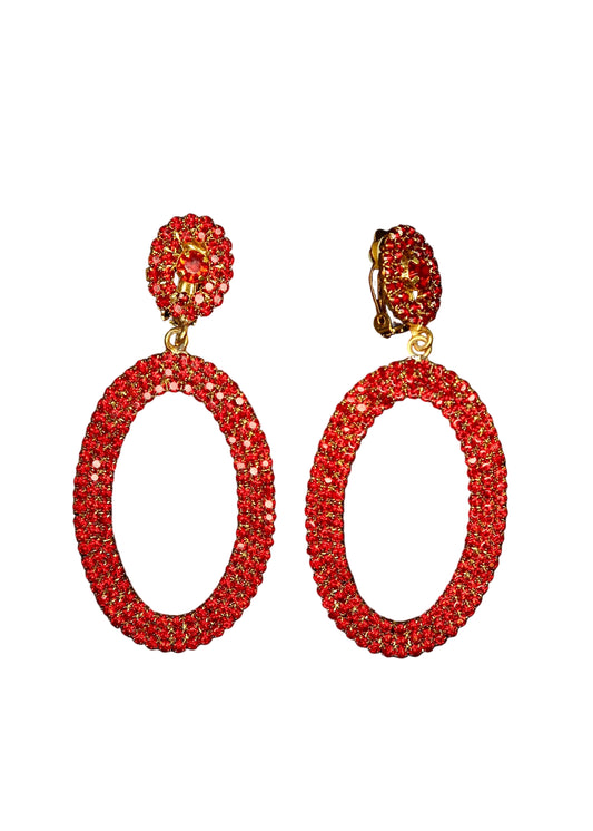 Red Rhinestone Oval Teardrop Clip-on Earrings