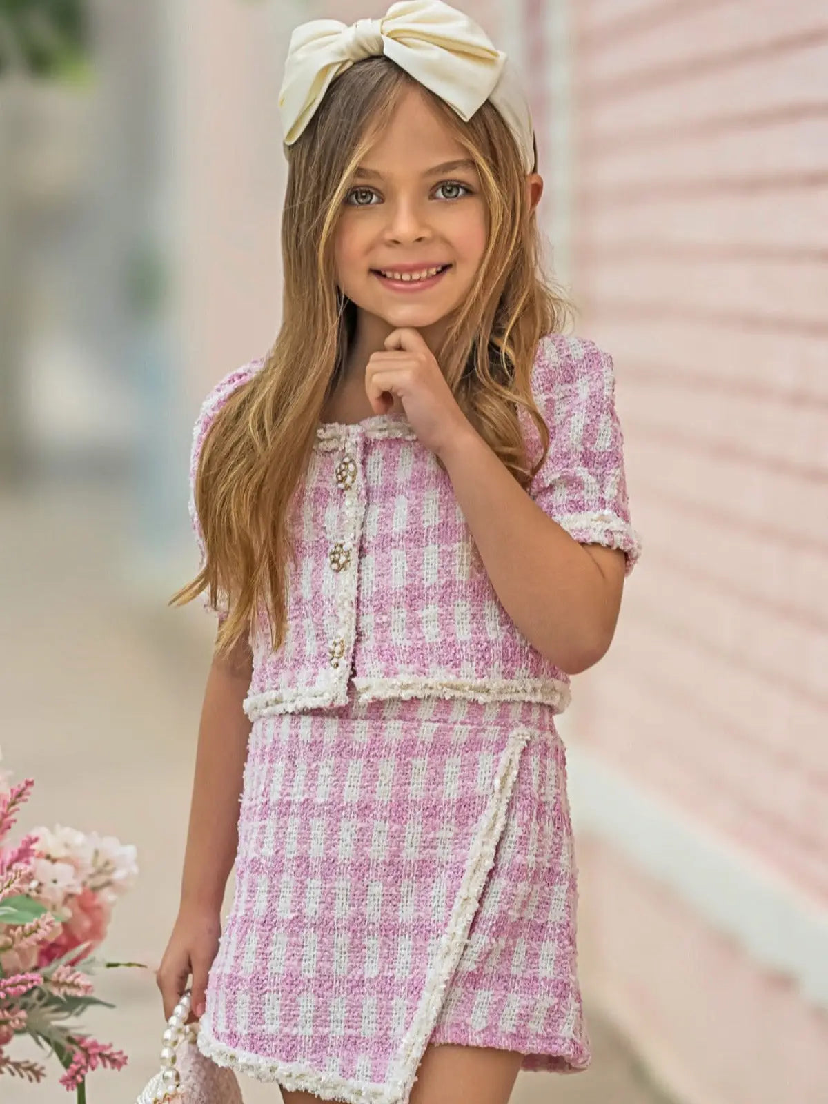 Little's Gingham Pink Tweed Set