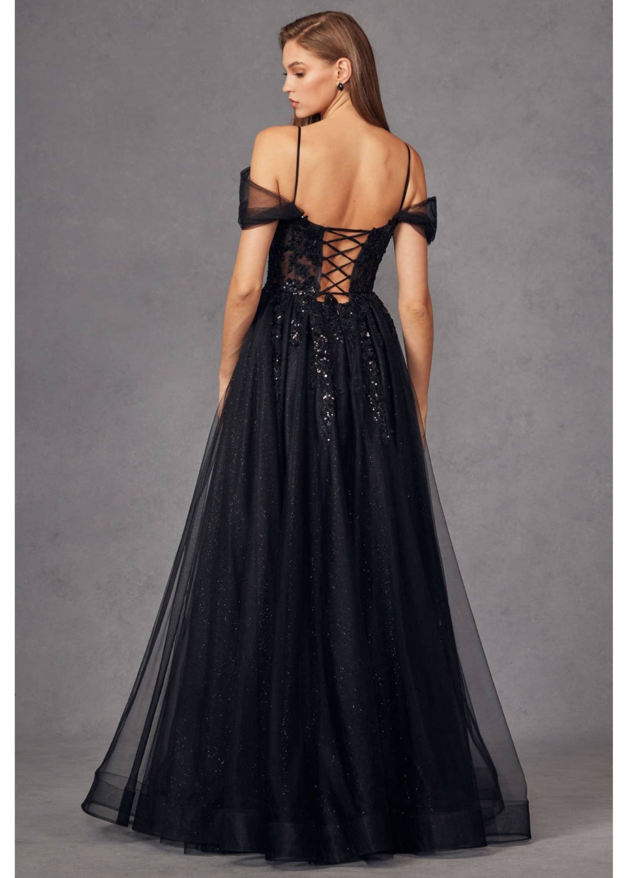 Black Sequin Corset Tulle Gown