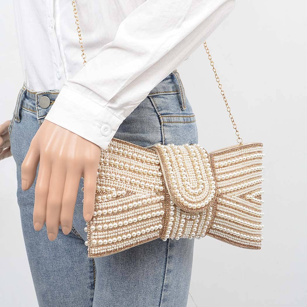 Gold Rhinestone and Pearl Bow Clutch