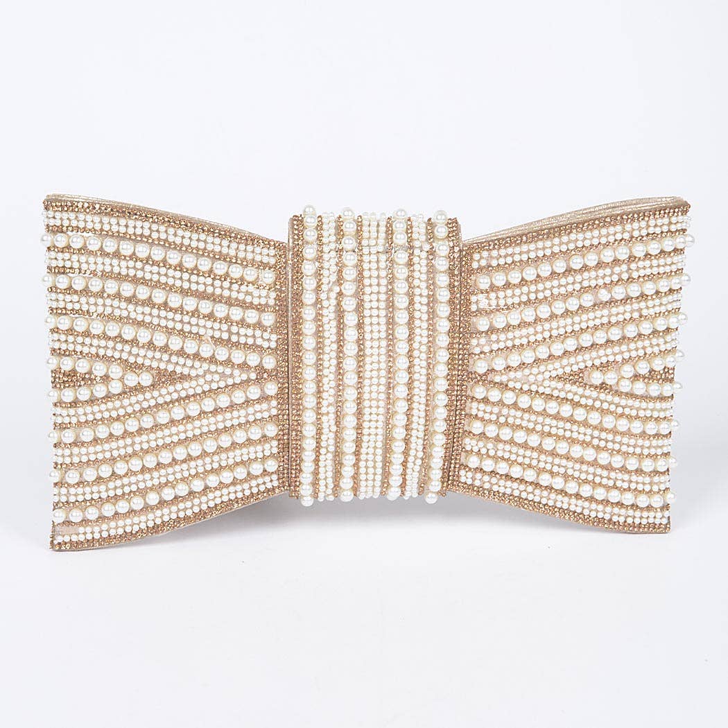 Gold Rhinestone and Pearl Bow Clutch
