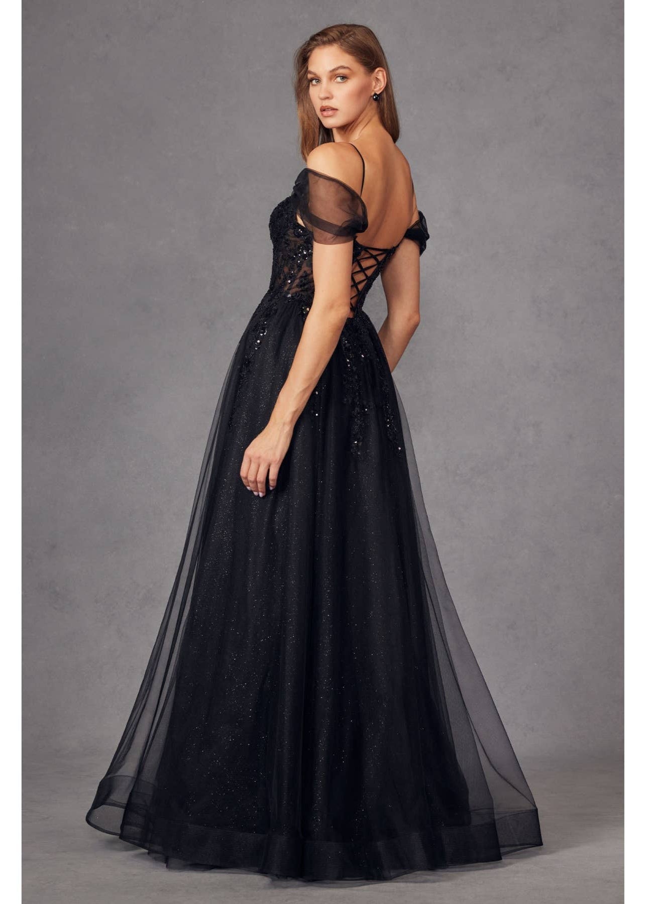Black Sequin Corset Tulle Gown