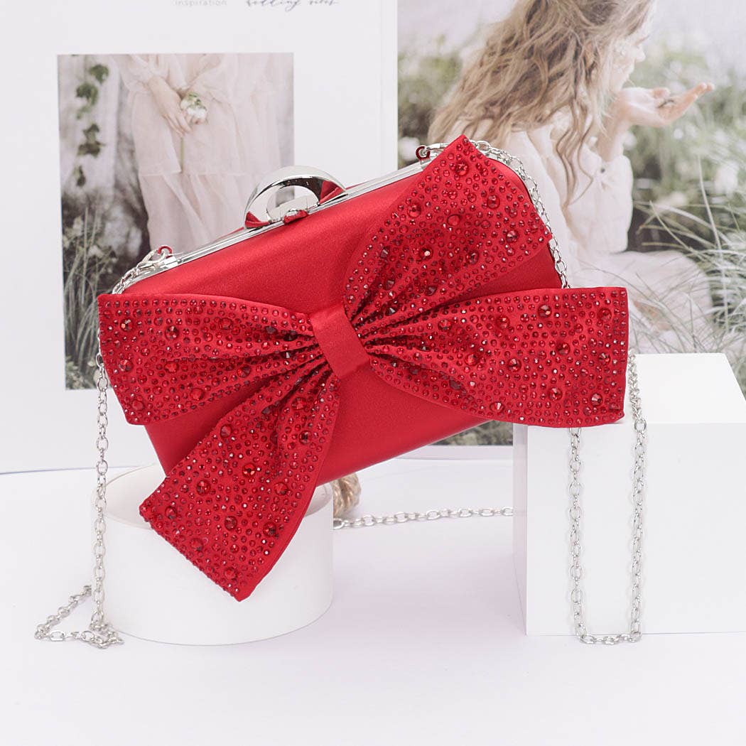 Rhinestone Bow Hardside Satin Clutch
