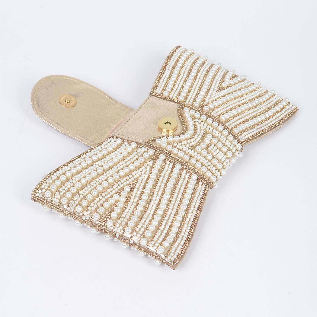 Gold Rhinestone and Pearl Bow Clutch