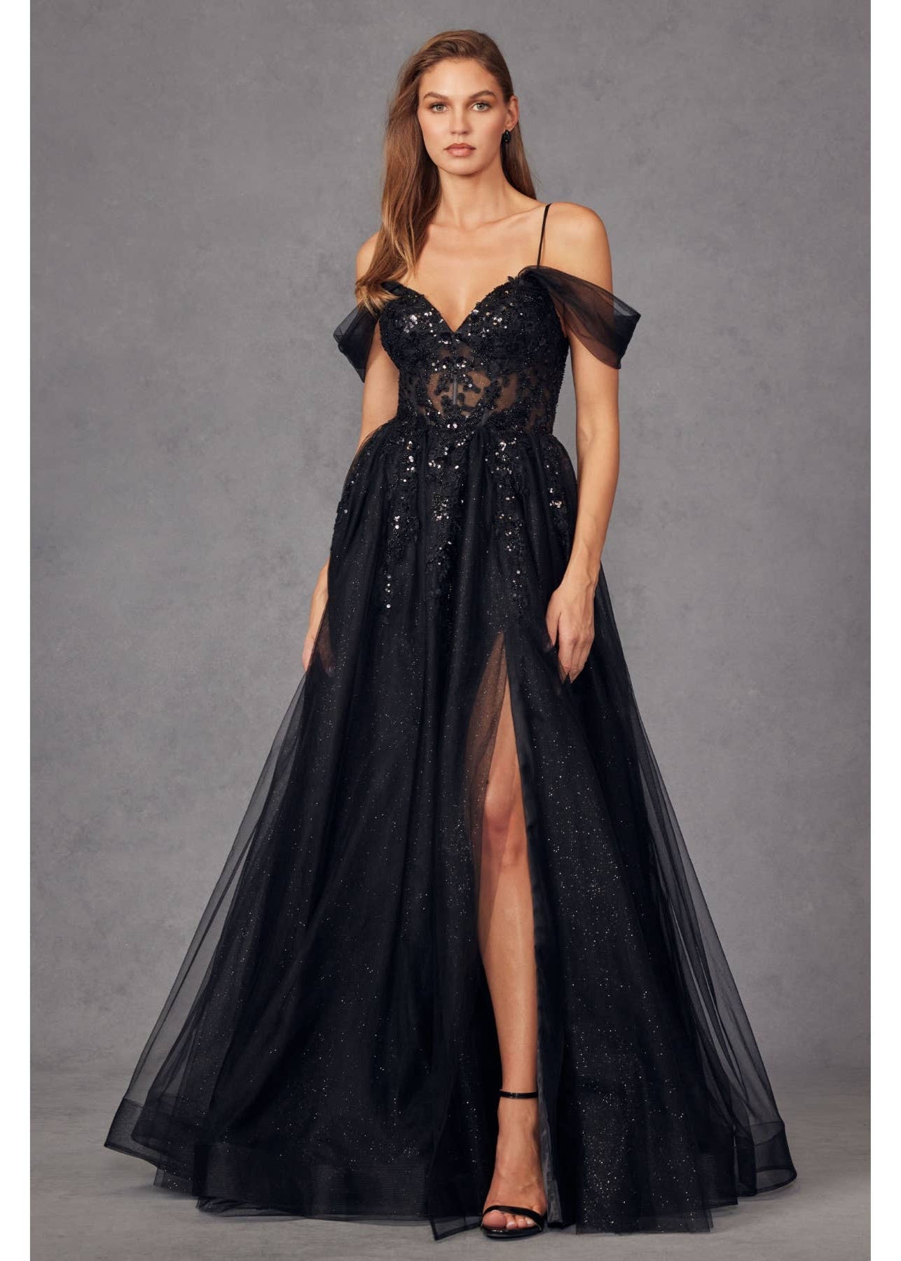 Black Sequin Corset Tulle Gown
