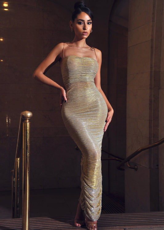 Glint Gold Ruched Chiffon Maxi