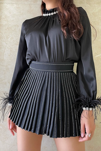 Black Feather Cuff Long Sleeve Blouse