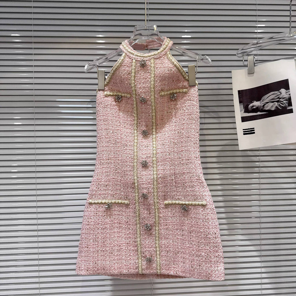 Pink Tweed Halter Mini Dress Crystal Button Chic