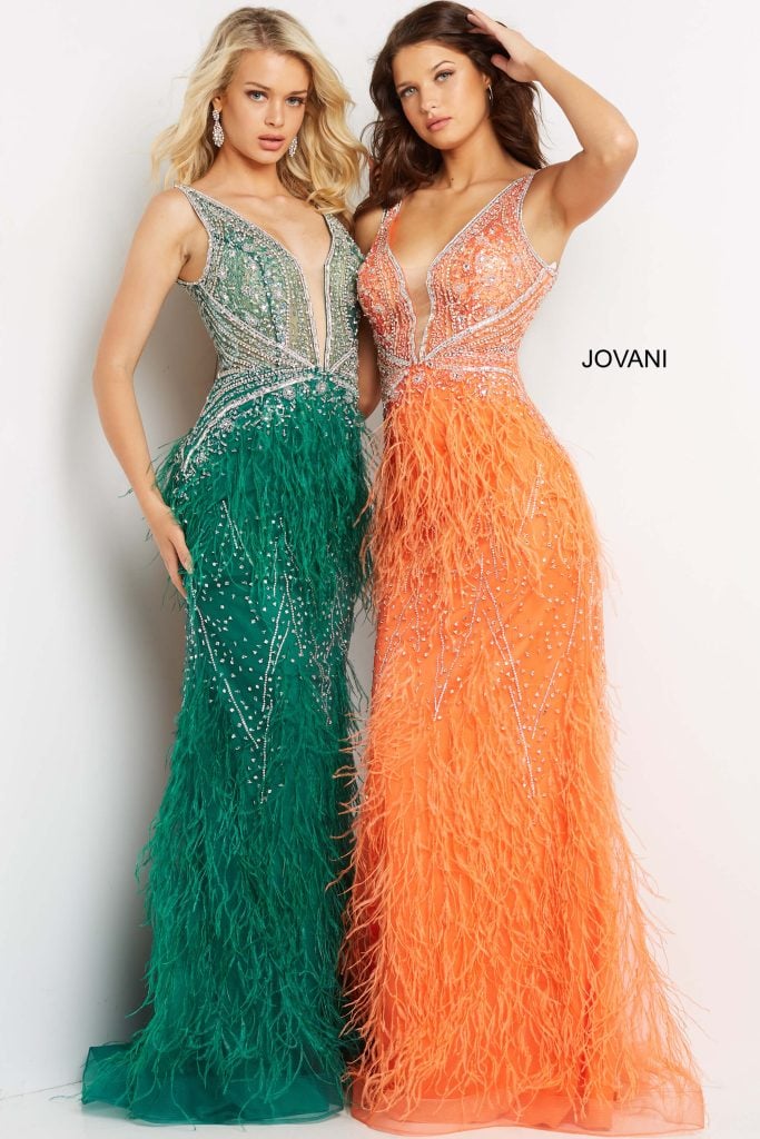 Jovani V-Neck Feather Mermaid Gown 03023