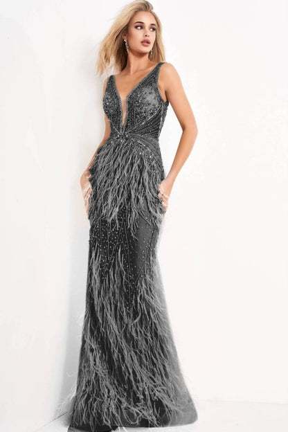 Jovani V-Neck Feather Mermaid Gown 03023