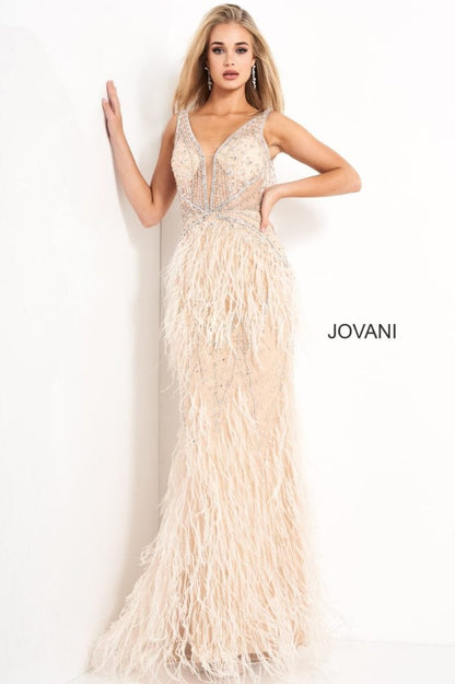 Jovani V-Neck Feather Mermaid Gown 03023