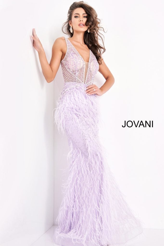 Jovani V-Neck Feather Mermaid Gown 03023