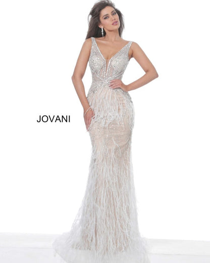 Jovani V-Neck Feather Mermaid Gown 03023