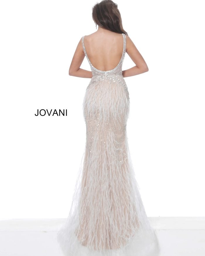 Jovani V-Neck Feather Mermaid Gown 03023