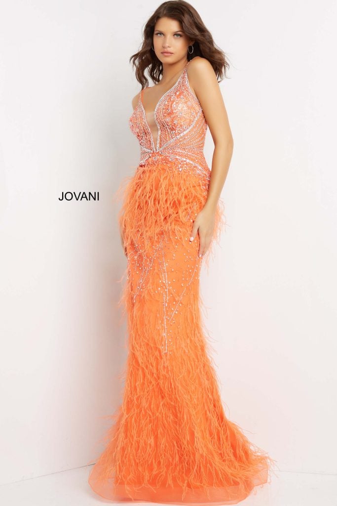 Jovani V-Neck Feather Mermaid Gown 03023