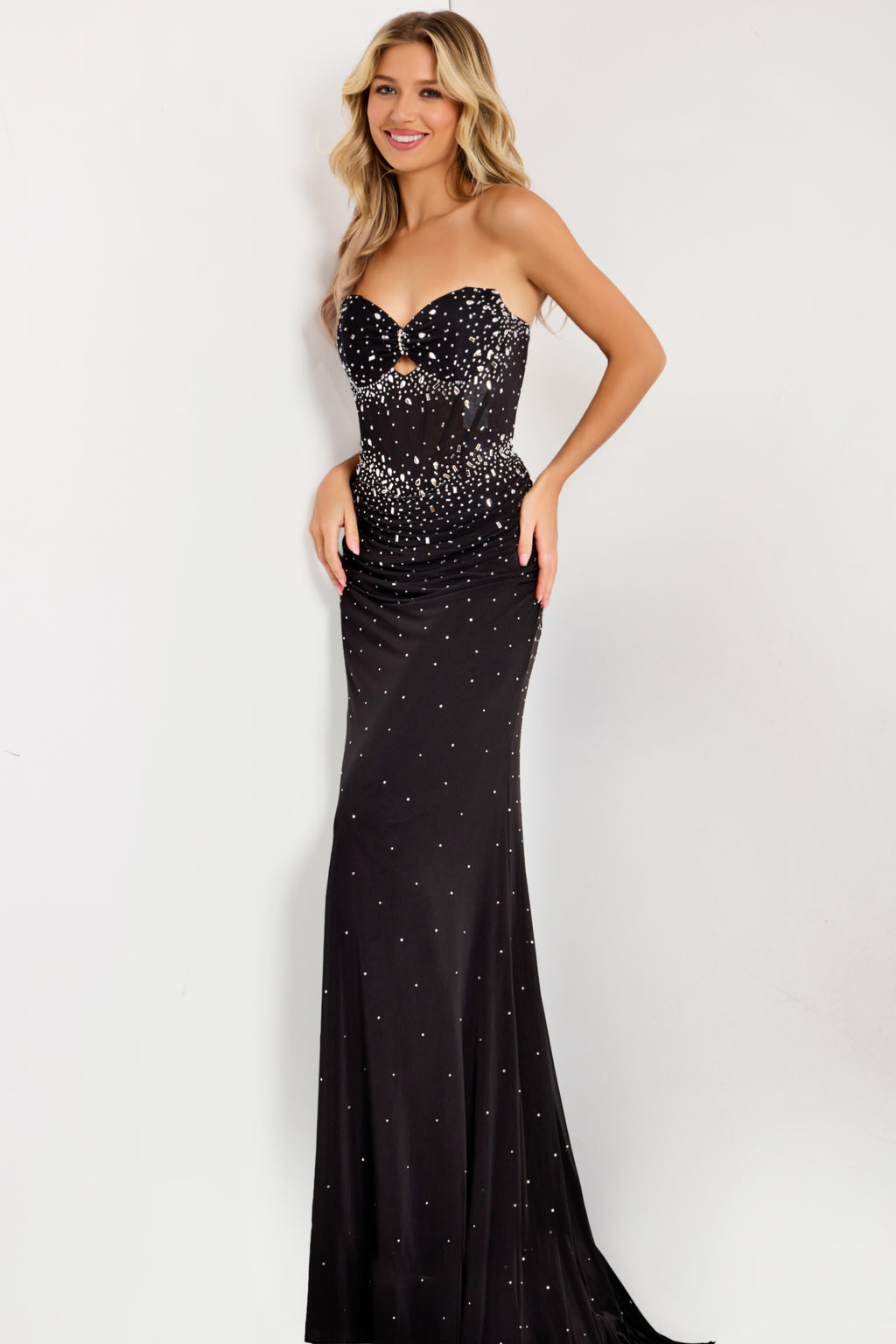 Jovani Mesh Strapless Rhinestone Gown 48372