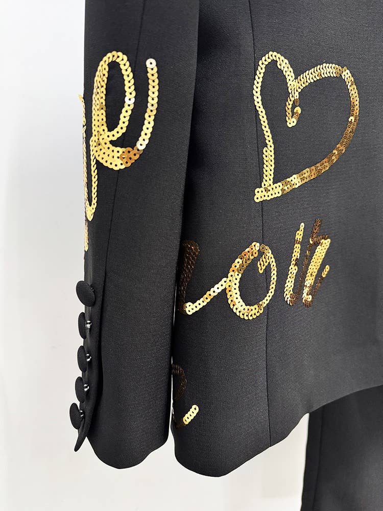 OL13 Embroidered Letter Sequin Blazer Pants Set Chic