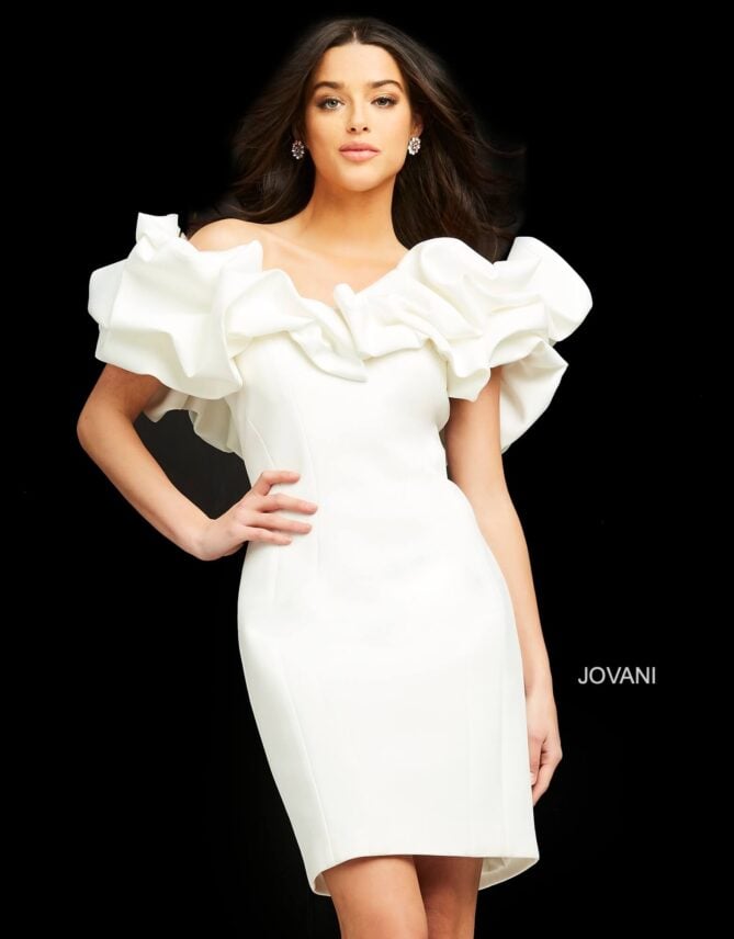 Jovani Scuba Off the Shoulder Ruffle Midi 04367