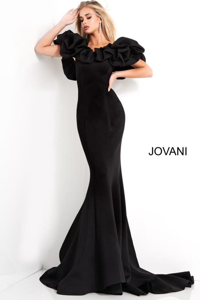 Jovani Scuba Ruffle Off the Shoulder Gown 04368