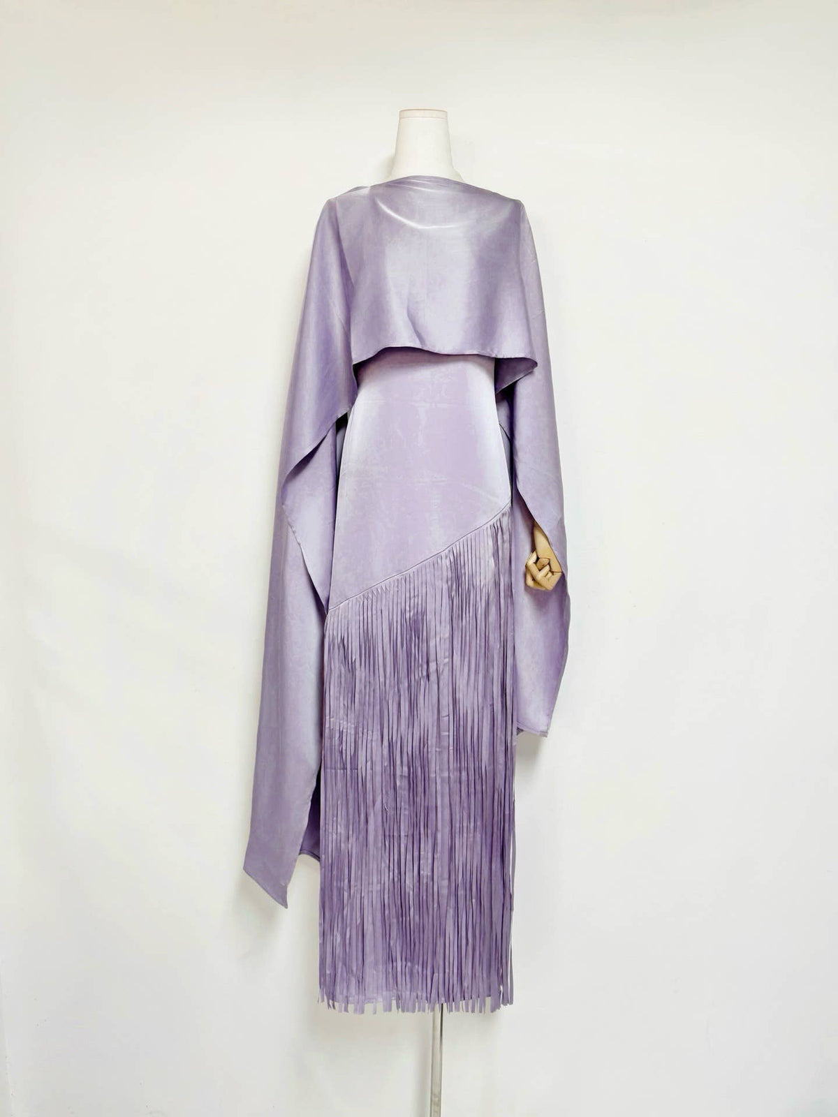 Elegant Satin Cape Fringe Waist Slim Maxi Dress