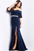 Navy off shoulder gown