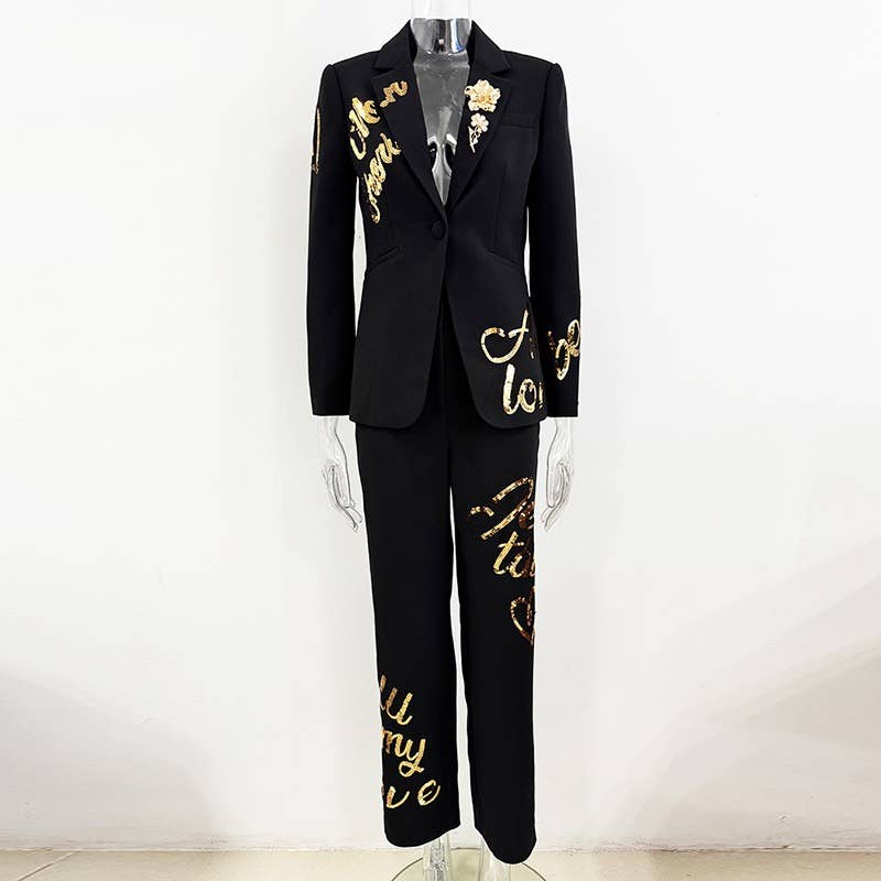 OL13 Embroidered Letter Sequin Blazer Pants Set Chic