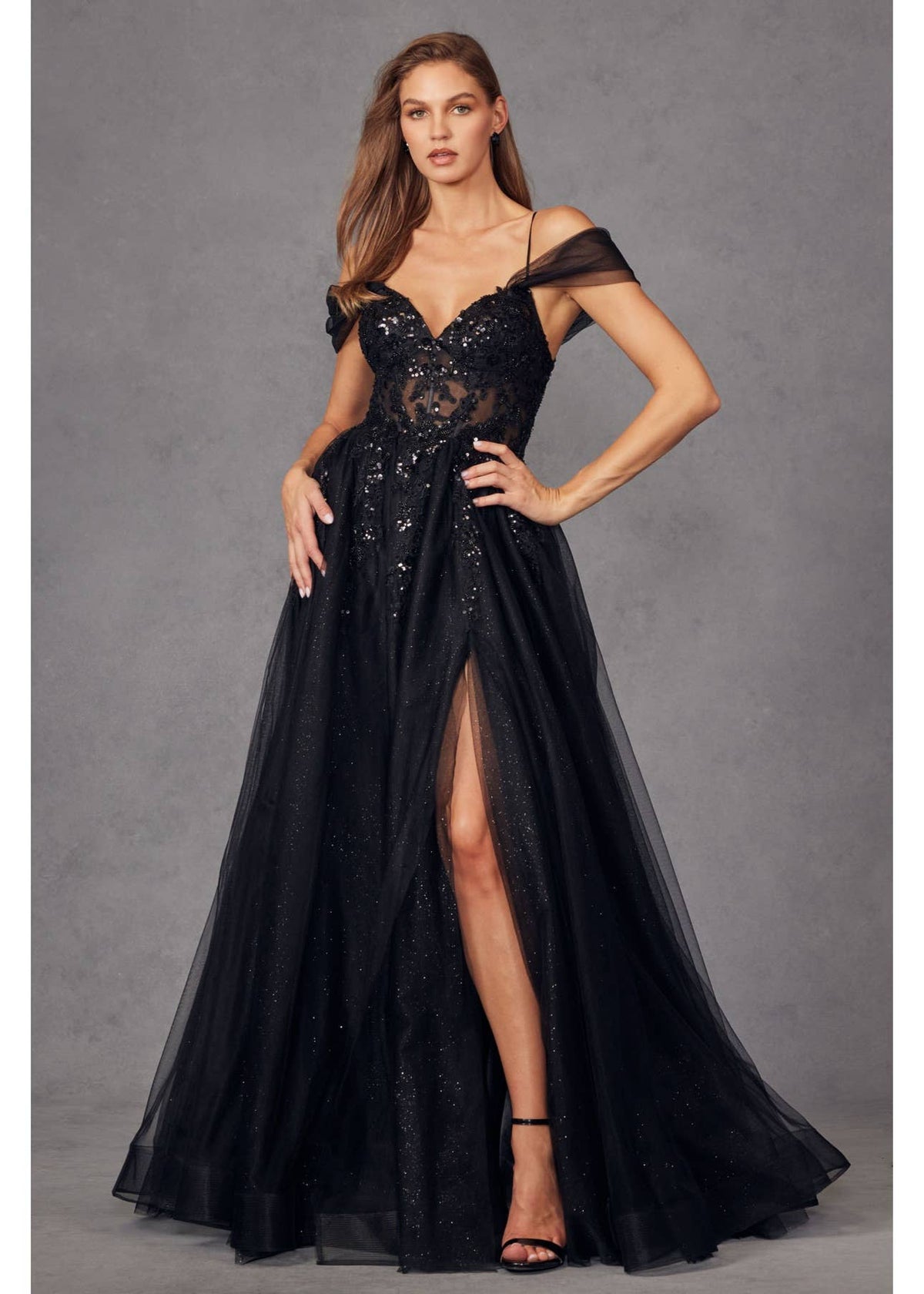 Black Sequin Corset Tulle Gown